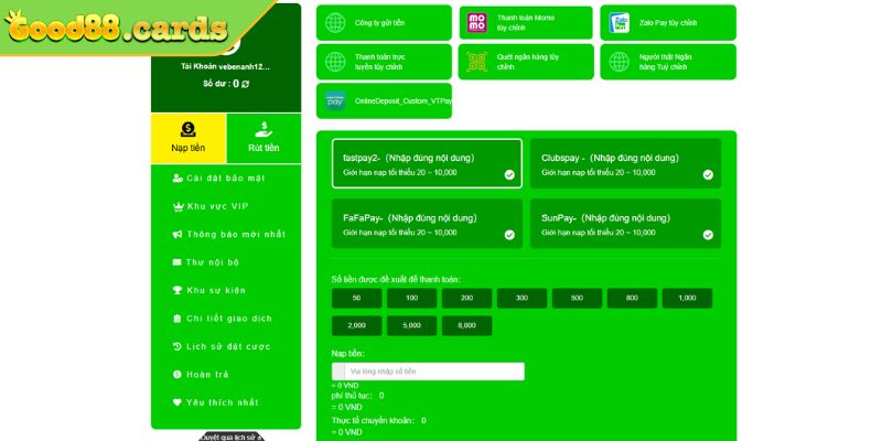 Các phương thức nạp tiền